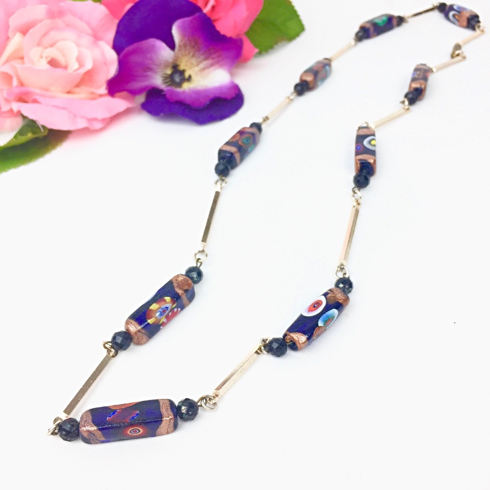 Vintage Murano Italy Venetian Millefiori Cobalt Blue Glass Bead Necklace